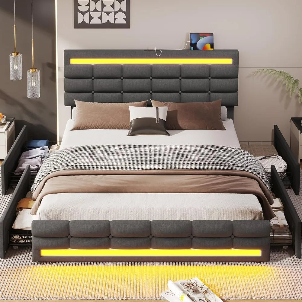 LED Bed Frame with 4 Storage Drawers & USB Charging Stations