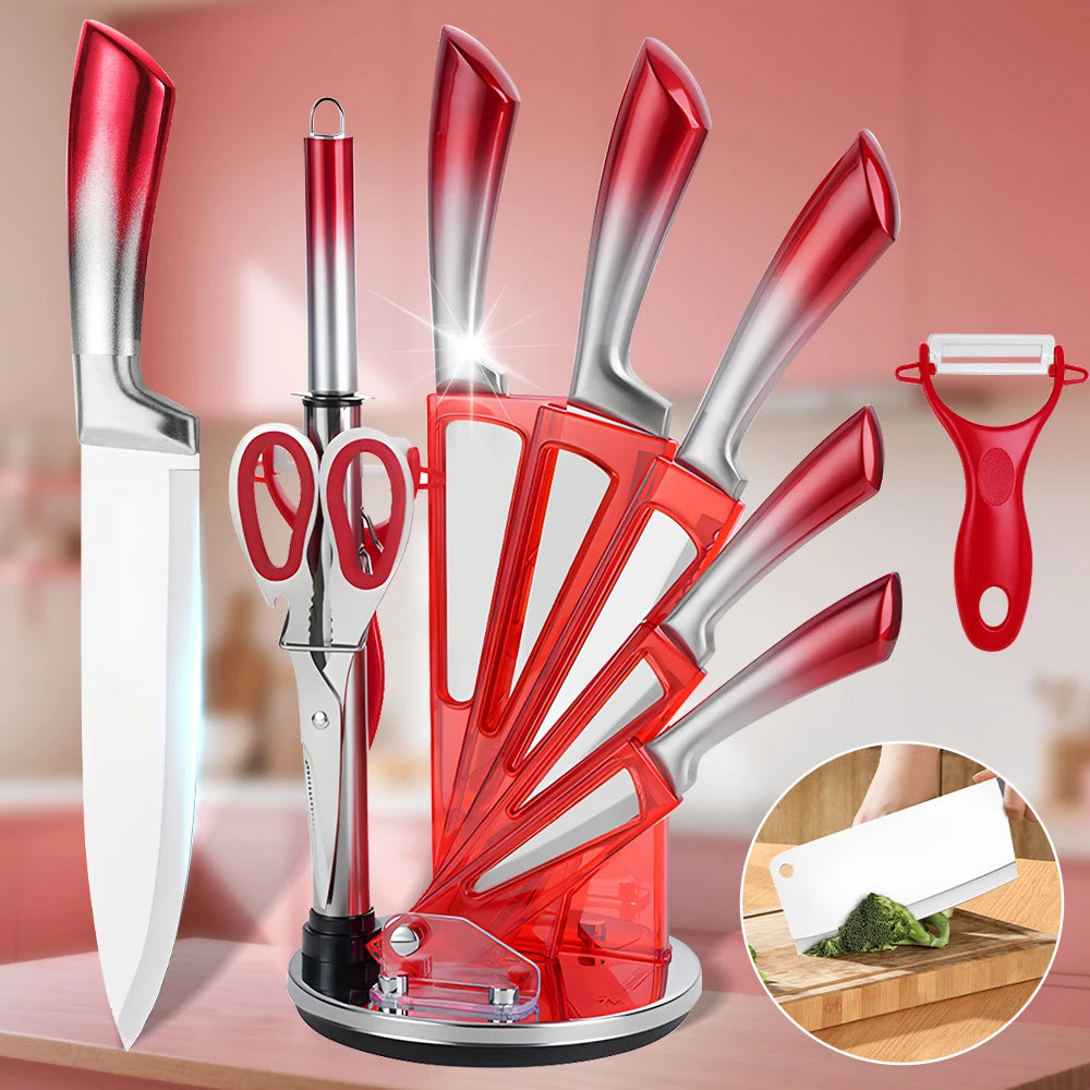 MDHAND 9Pcs Stainless Steel Knife Block Set with Sharpener Cutting Slicing Fruit Meat Cleaver Utility Knife Knives  Accessories