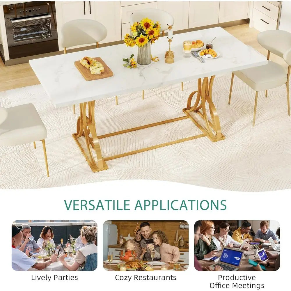Modern White 70 Inch Rectangle Dining Table for 4-6 with Gold Legs, Perfect for Home, Kitchen, Restaurant Use