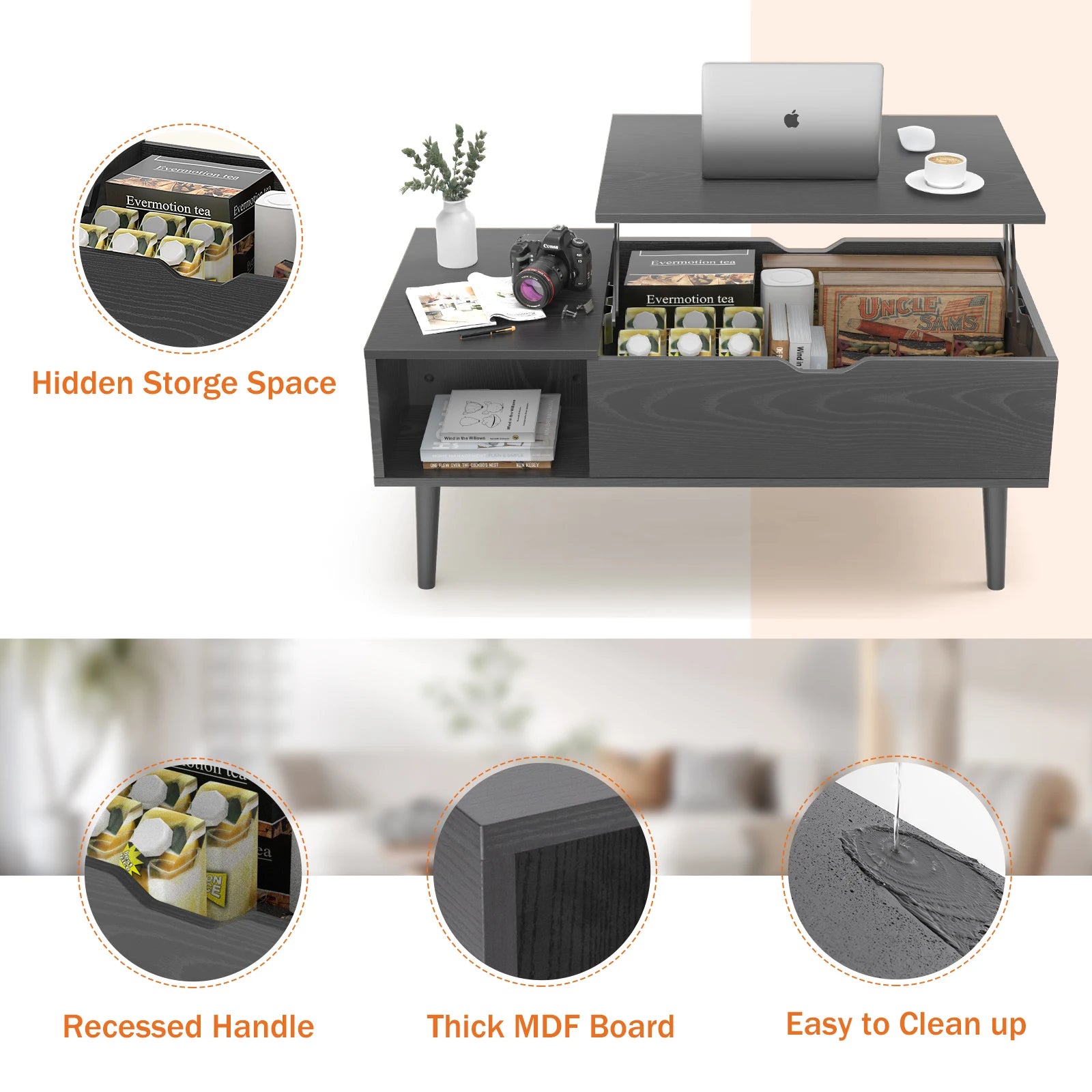 JHK Lift-Top Coffee Table with Adjustable Storage Shelf