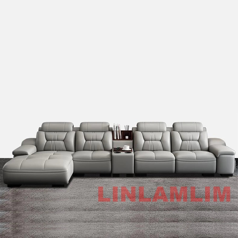 Modern Genuine Leather Sectional Sofa with Chaise Lounge, Cup Holders and Storage, L-Shaped Reclining Couch for Living Room
