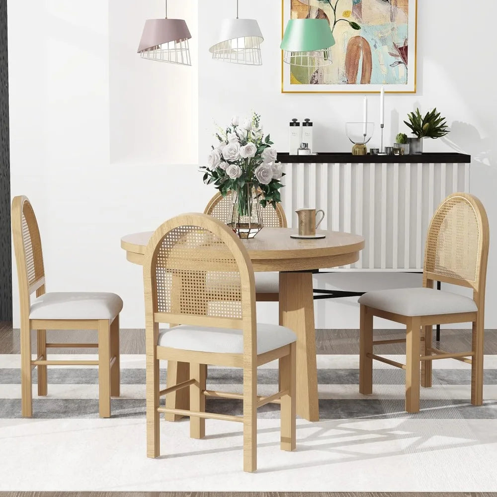 Vintage-Style 5-Piece Dining Set with Extendable Wood Table & 4 Upholstered Rattan-Back Chairs