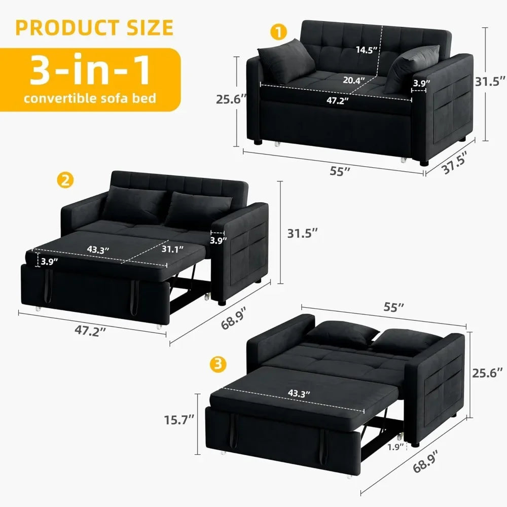 Modern Velvet Futon Sofa Bed with Adjustable Backrest & Side Pocket