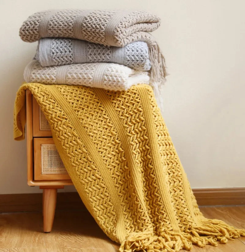 Khaki Knitted Throw Blankets Cover with Tassels