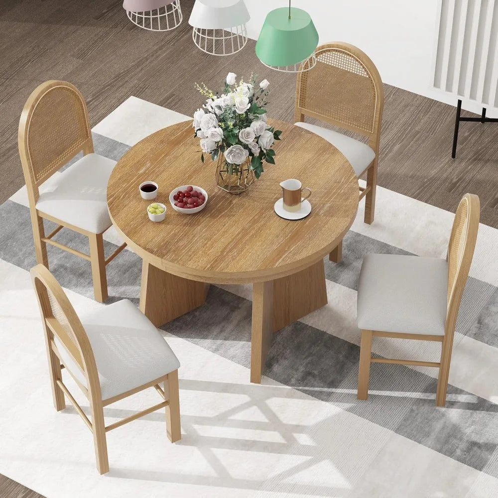 Vintage-Style 5-Piece Dining Set with Extendable Wood Table & 4 Upholstered Rattan-Back Chairs