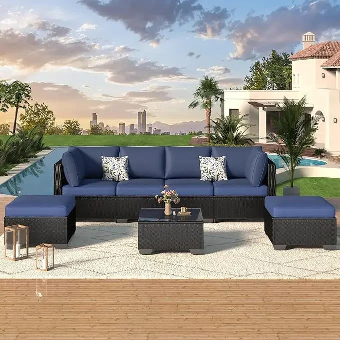 7-Piece Outdoor Patio Furniture Set – Grey PE Rattan Wicker Sectional with Cushions