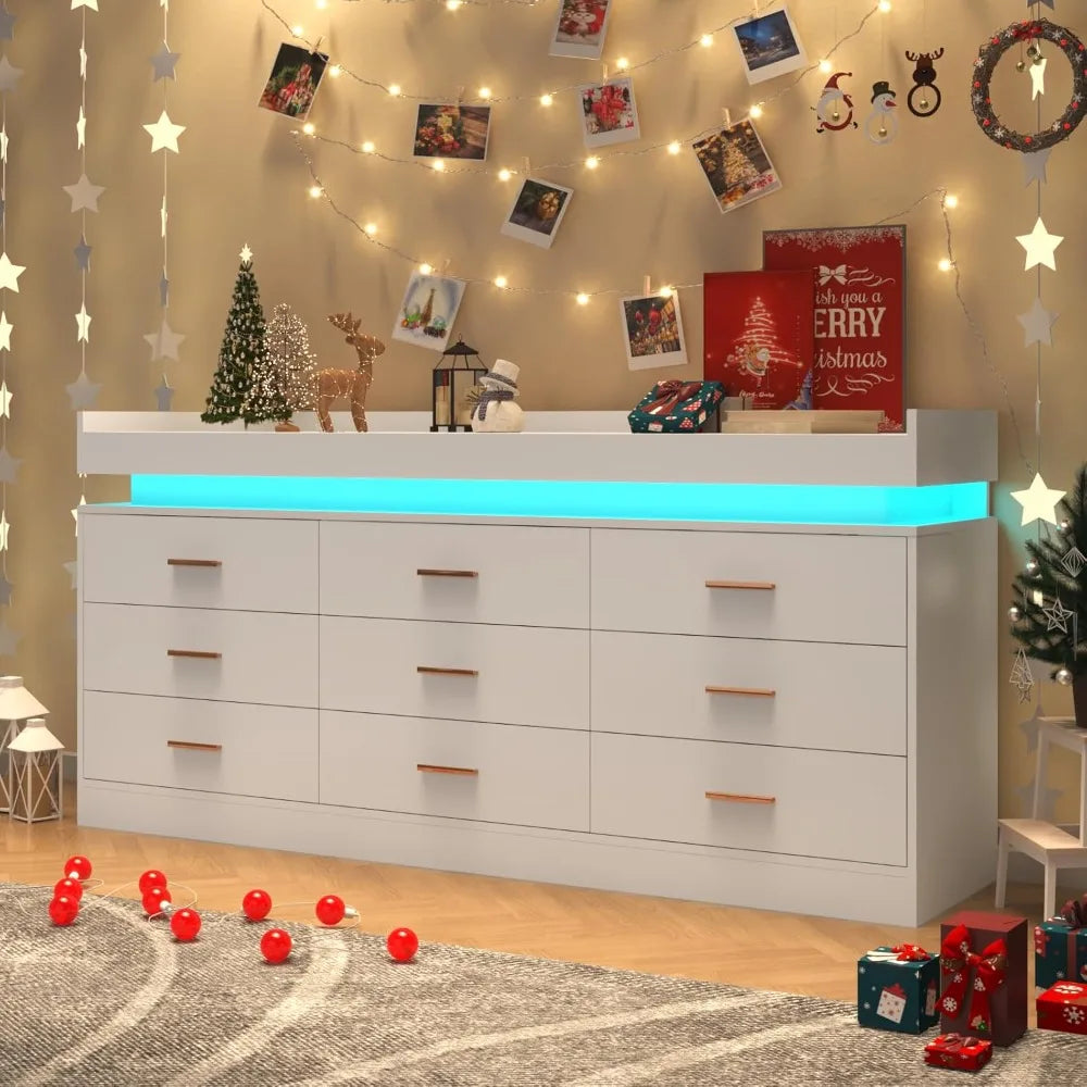 Led Drawer System 9 Drawer Dresser with LED Light and Charging Station, Modern Chest of ...