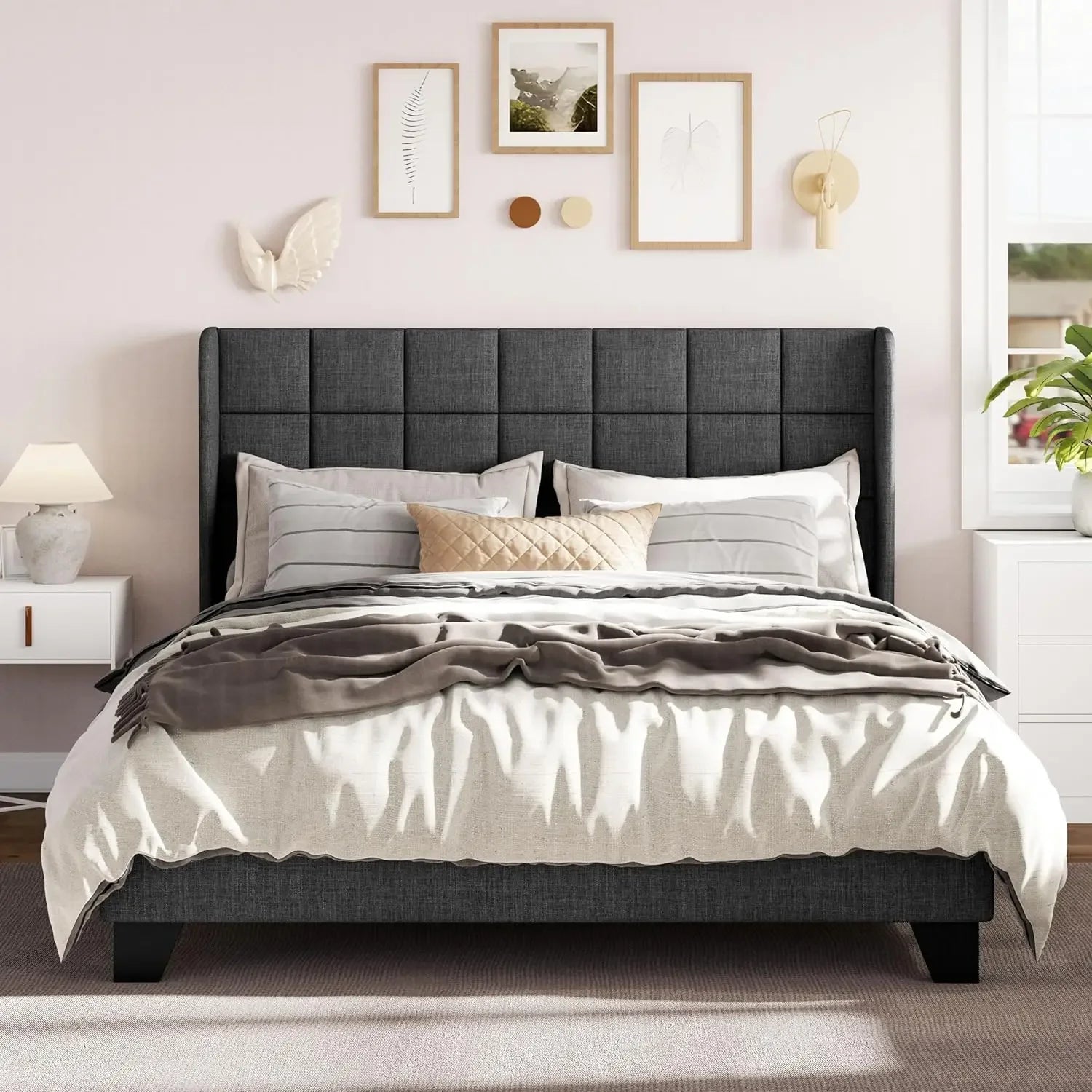 Queen Size Platform Bed Frame with Wingback