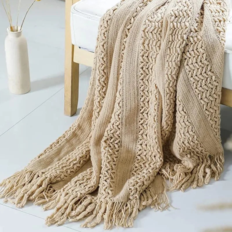 Khaki Knitted Throw Blankets Cover with Tassels