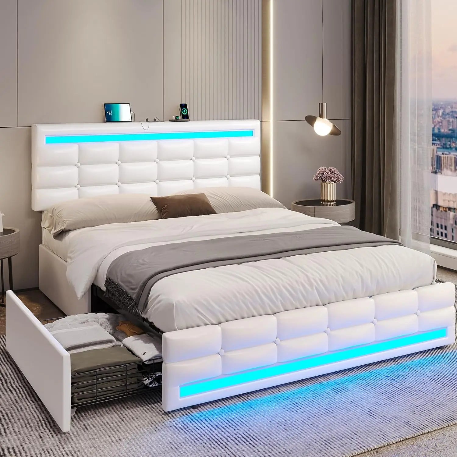 LED Bed Frame with 4 Storage Drawers & USB Charging Stations