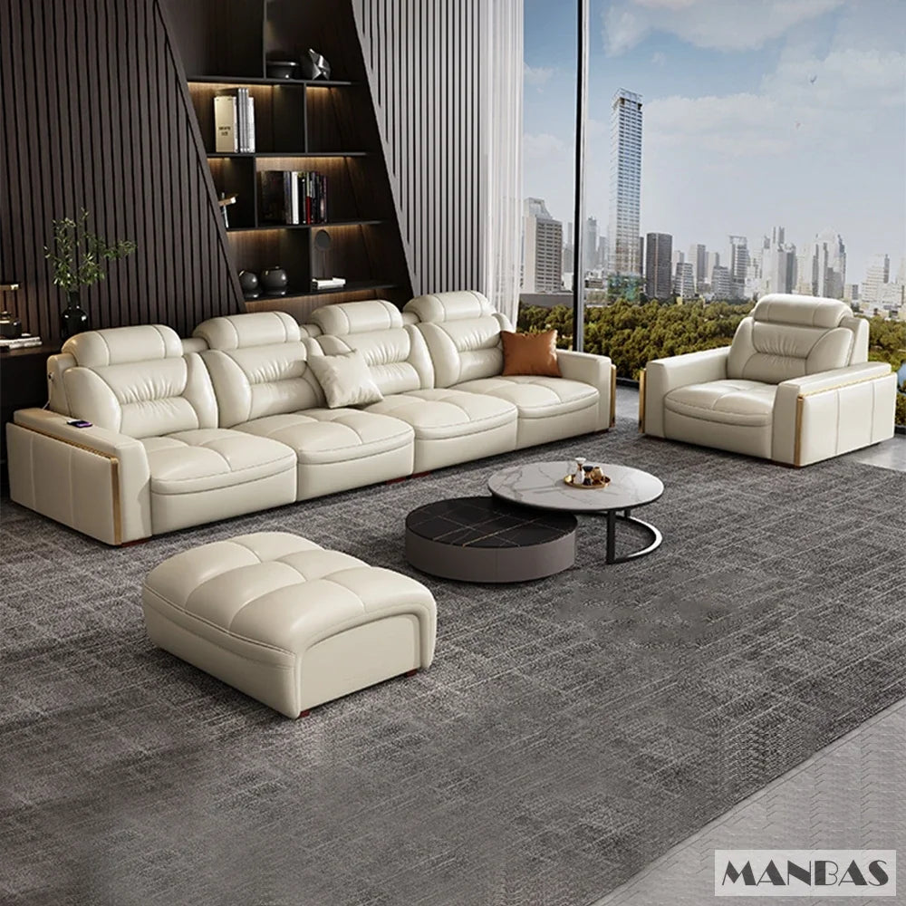 MANBAS Premium Italian Genuine Leather Sectional Sofa Set – Modern Living Room Couch with Adjustable Headrests, USB Charging Ports & Built-In Bluetooth Speaker