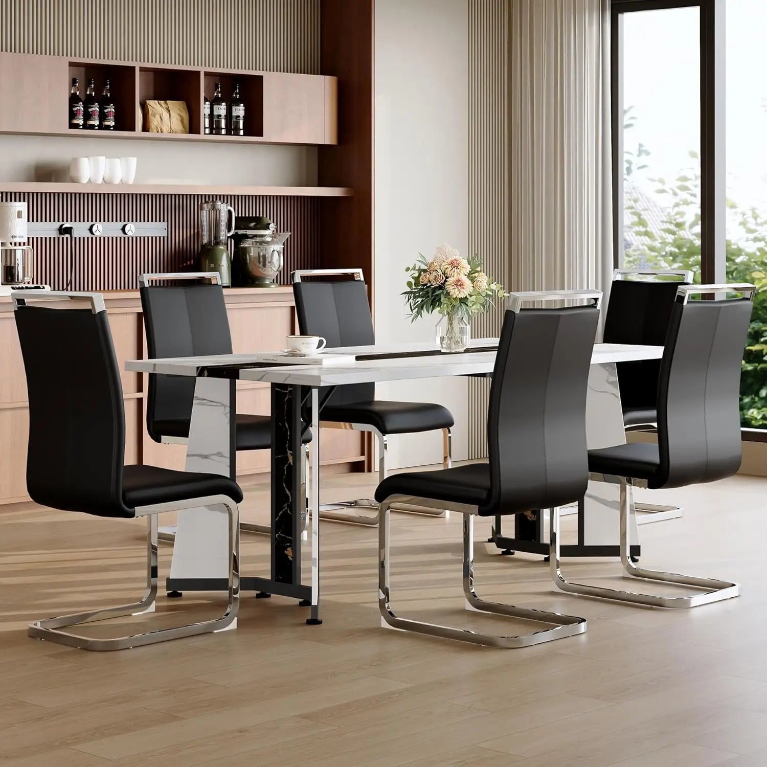 Dining Table Set for 6,White Marble 71'' Dining Room Table with Spacious legroom and White Leather Dining Chairs,Easy Assembley