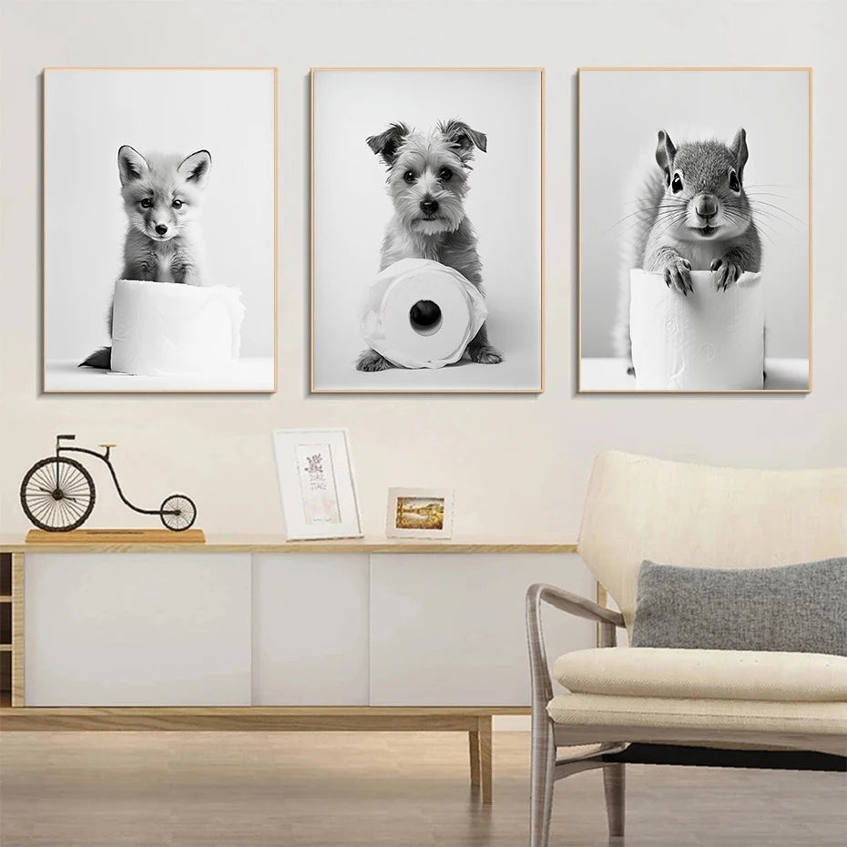 Black and White Cute Animal and Toilet Paper Poster