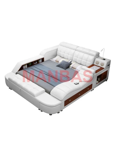 King/Queen Size Multifunctional Smart Tech Bed – Genuine Leather Upholstered Tatami Bed with Massage, Audio System, Storage & LED Lighting