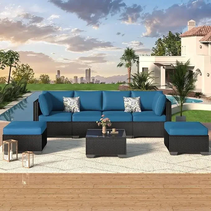 7-Piece Outdoor Patio Furniture Set – Grey PE Rattan Wicker Sectional with Cushions