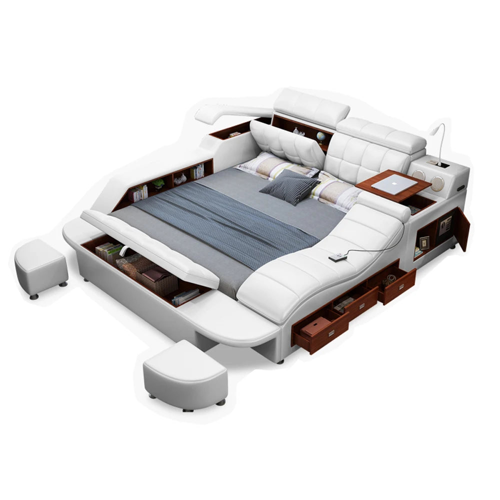 King/Queen Size Multifunctional Smart Tech Bed – Genuine Leather Upholstered Tatami Bed with Massage, Audio System, Storage & LED Lighting