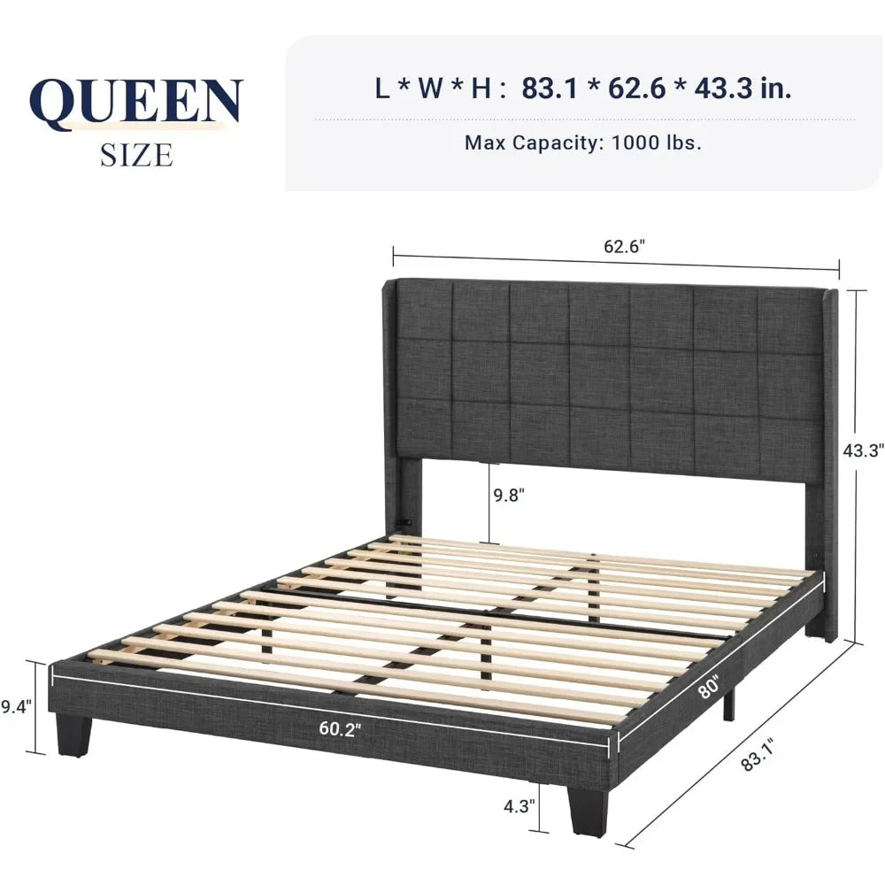 Queen Size Platform Bed Frame with Wingback