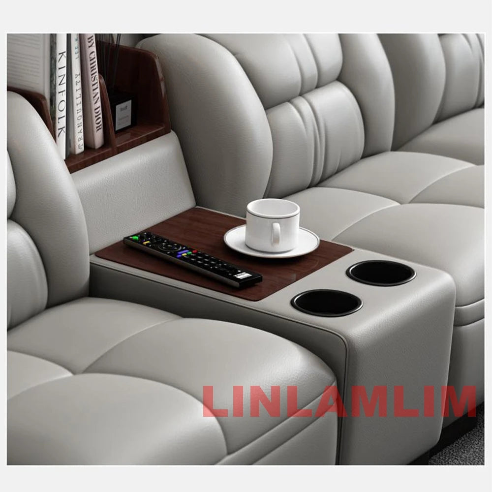 Modern Genuine Leather Sectional Sofa with Chaise Lounge, Cup Holders and Storage, L-Shaped Reclining Couch for Living Room
