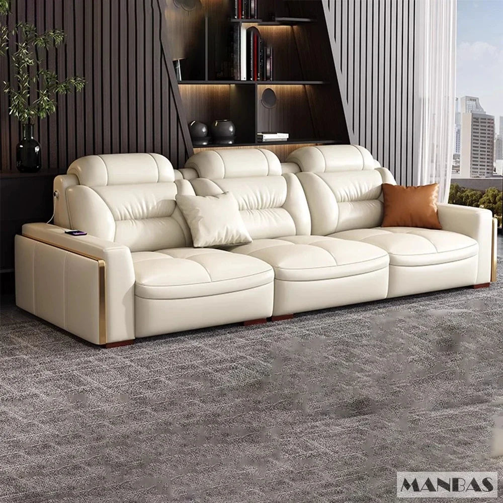 MANBAS Premium Italian Genuine Leather Sectional Sofa Set – Modern Living Room Couch with Adjustable Headrests, USB Charging Ports & Built-In Bluetooth Speaker