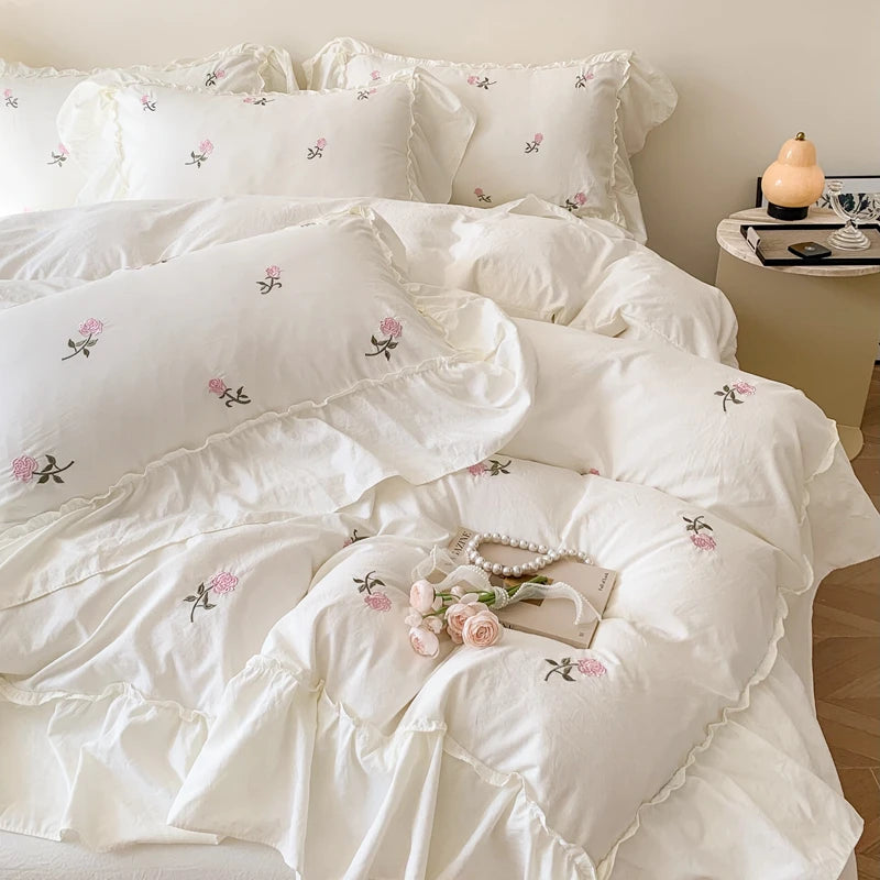 Rose Embroidered Duvet Cover Set (1*Duvet Cover + 2*Pillowcase, Without Core)