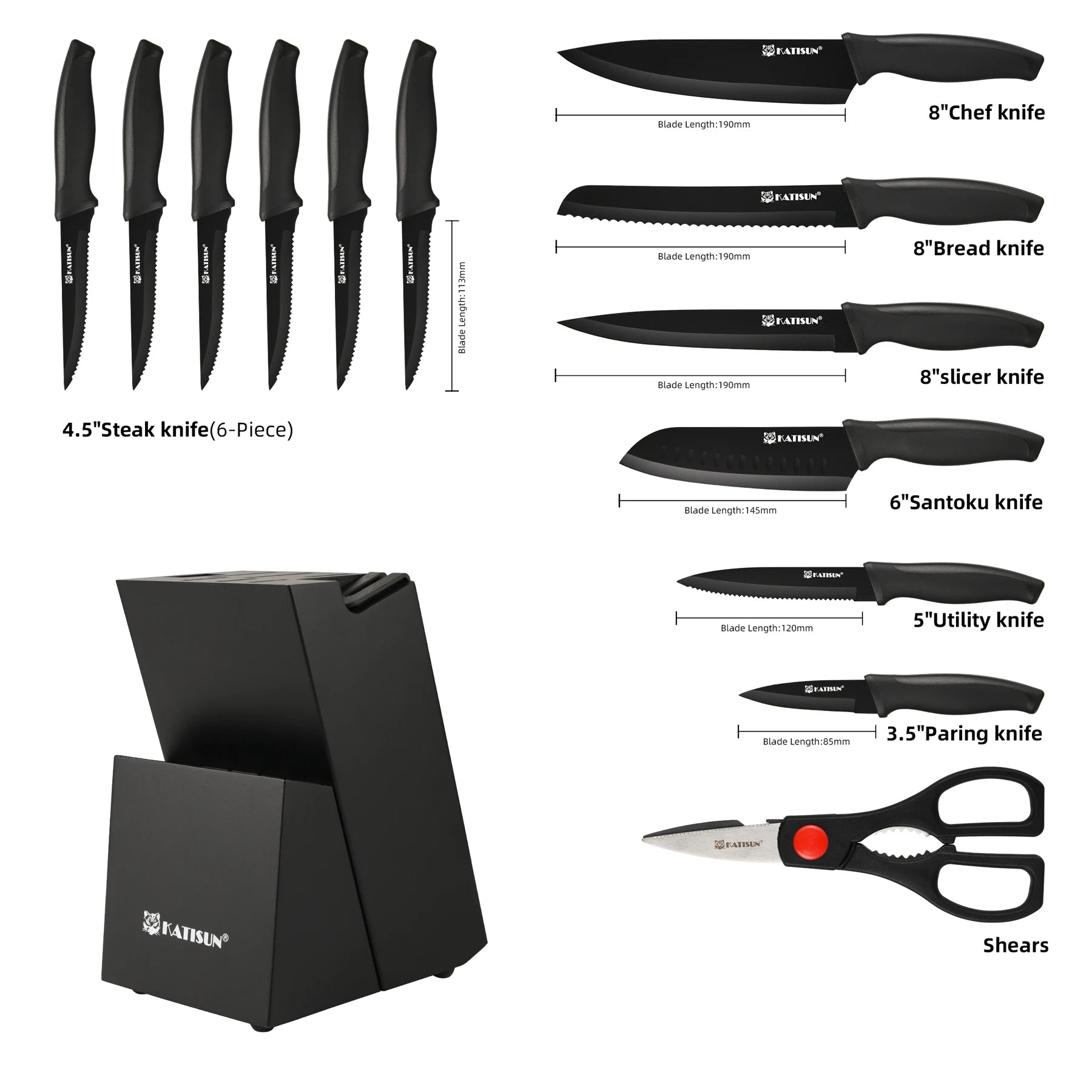 15 Pieces Carbon Steel Kitchen Knife Block Set, Built-in Knife Sharpener, Non-Slip PP+TPR Handles, 6 Steak Knives