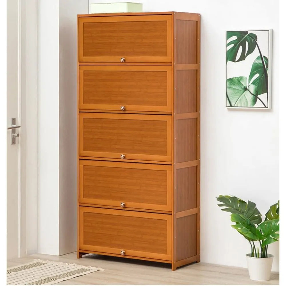Tall Bamboo Shoe Storage Cabinet Free Standing Shoe Shelf Storage Rack with Flip Doors Shoes Heels Storage Cabinet Organizer