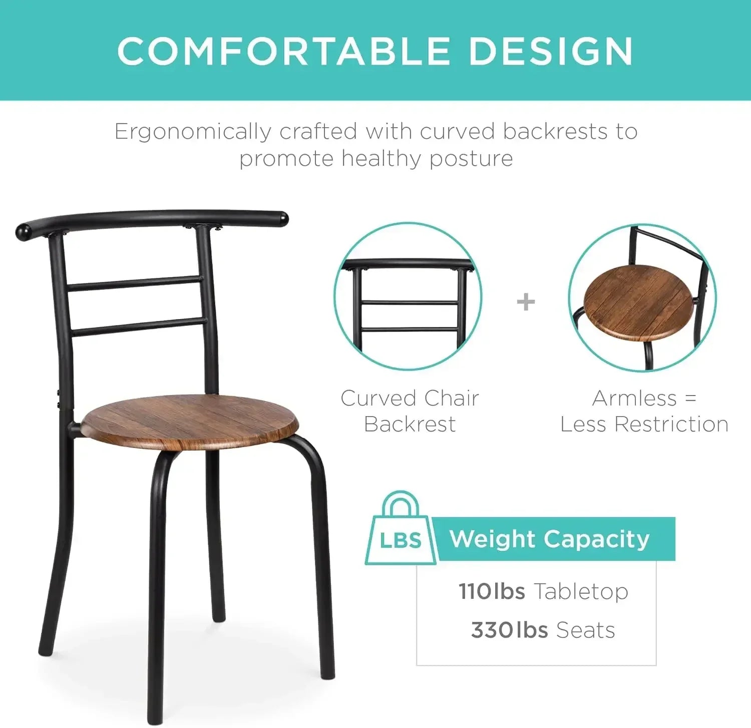 3-Piece Wooden Round Table and Chair Set – Compact Kitchen & Dining Set with Steel Frame and Built-in Wine Rack (Black/Brown)