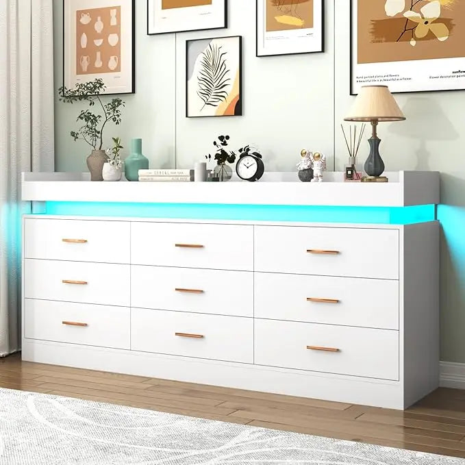 Led Drawer System 9 Drawer Dresser with LED Light and Charging Station, Modern Chest of ...