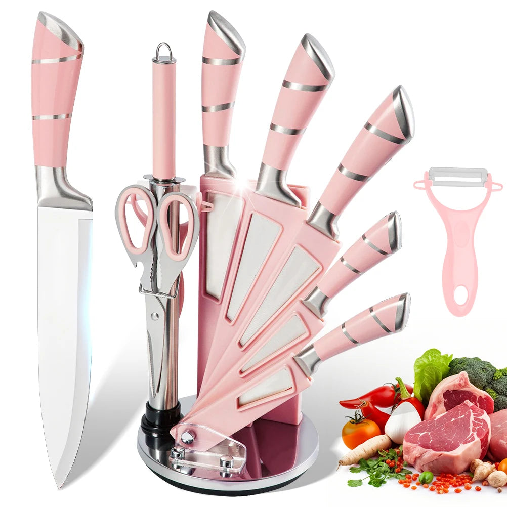 ZENG 9PCS Kitchen Knife Set Stainless Steel Hollow Handle Sharp Meat Cutting Cooking Knife Scissors Bread Knife Fruit Peeler