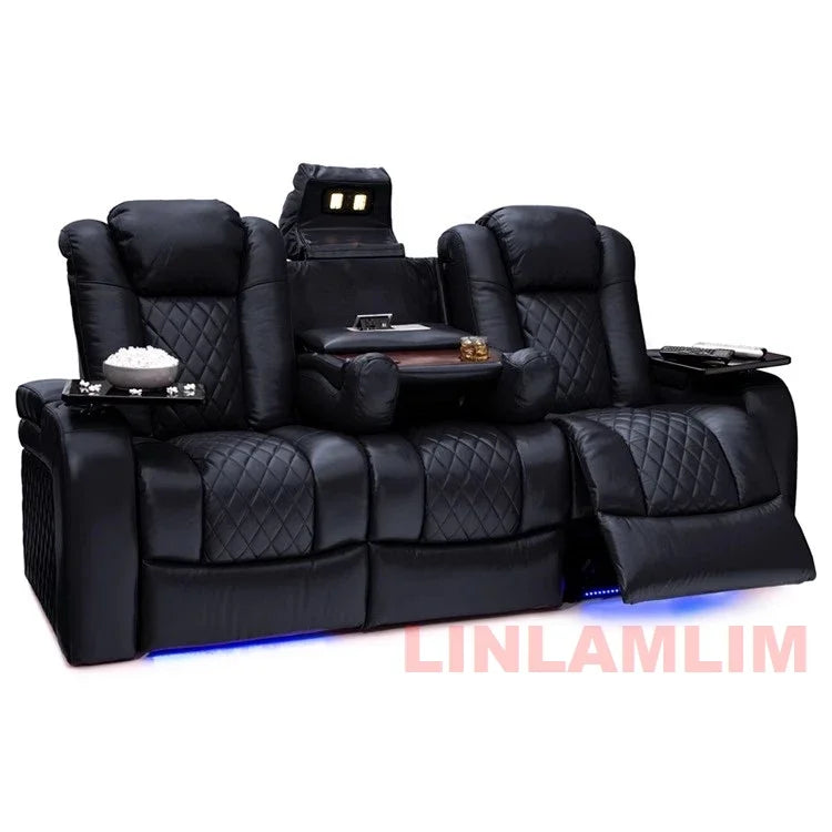 Luxury Dual Motor Power Reclining Sofa – 3-Seat Recliner with LED Lighting, USB Ports, Hidden Storage & Fold-Down Table with Tray