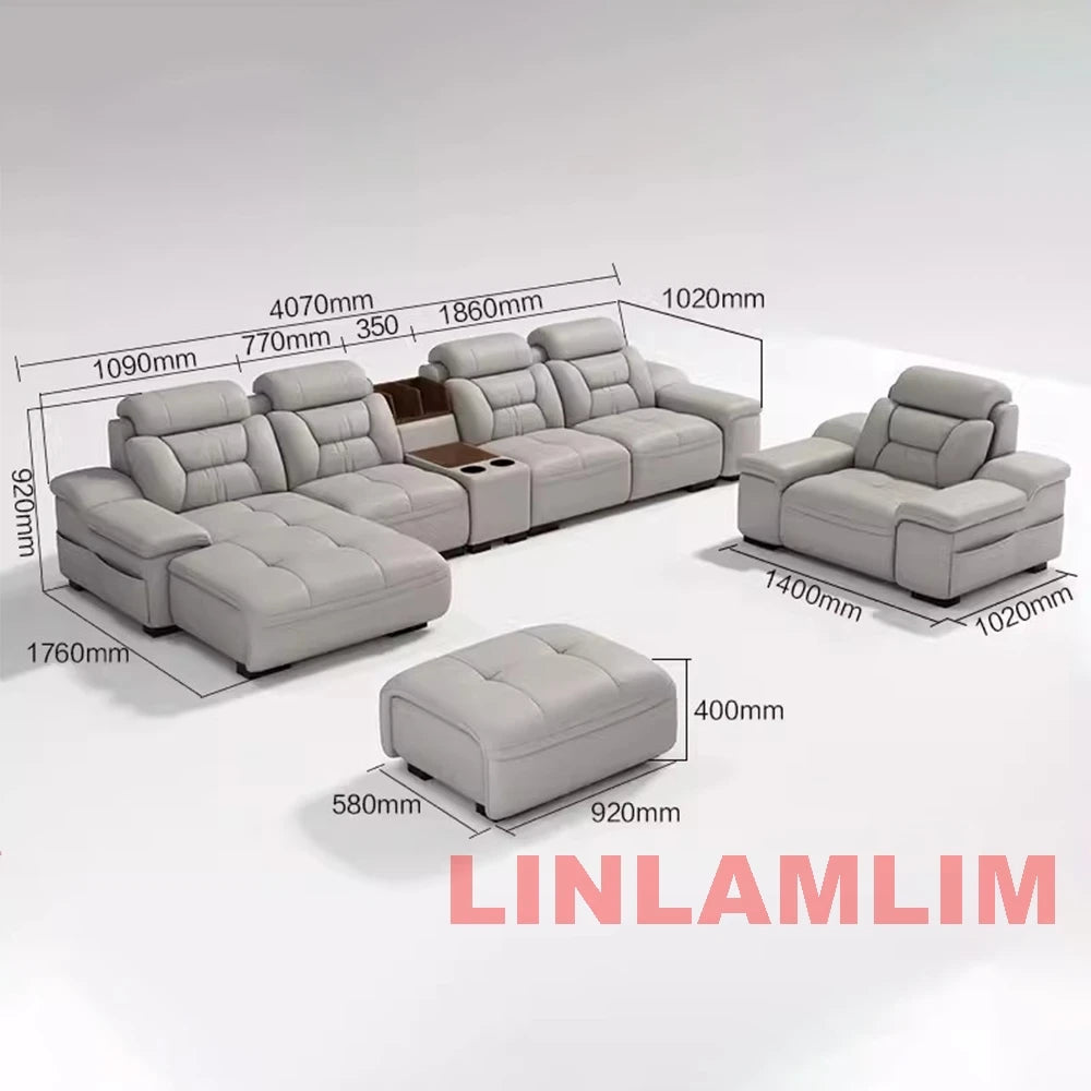 Modern Genuine Leather Sectional Sofa with Chaise Lounge, Cup Holders and Storage, L-Shaped Reclining Couch for Living Room
