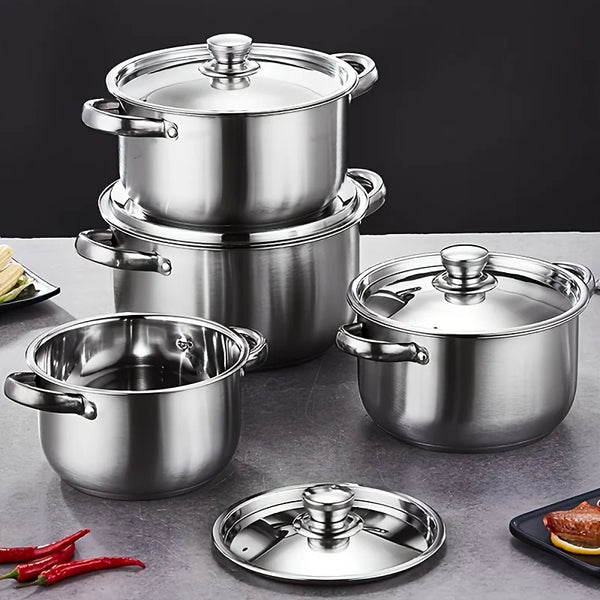 4-Piece Stainless Steel Pot Set, No Stove Selection, Large Capacity, Suitable for Kitchen Cooking