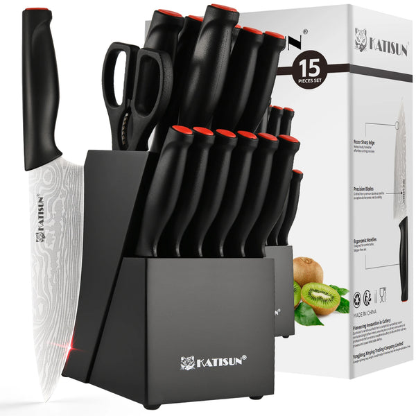 15 Pieces Damascus Pattern Kitchen Knife Block Set, Ergonomic Black Anti-Slip Handle with Red Trim, Includes Sharpener