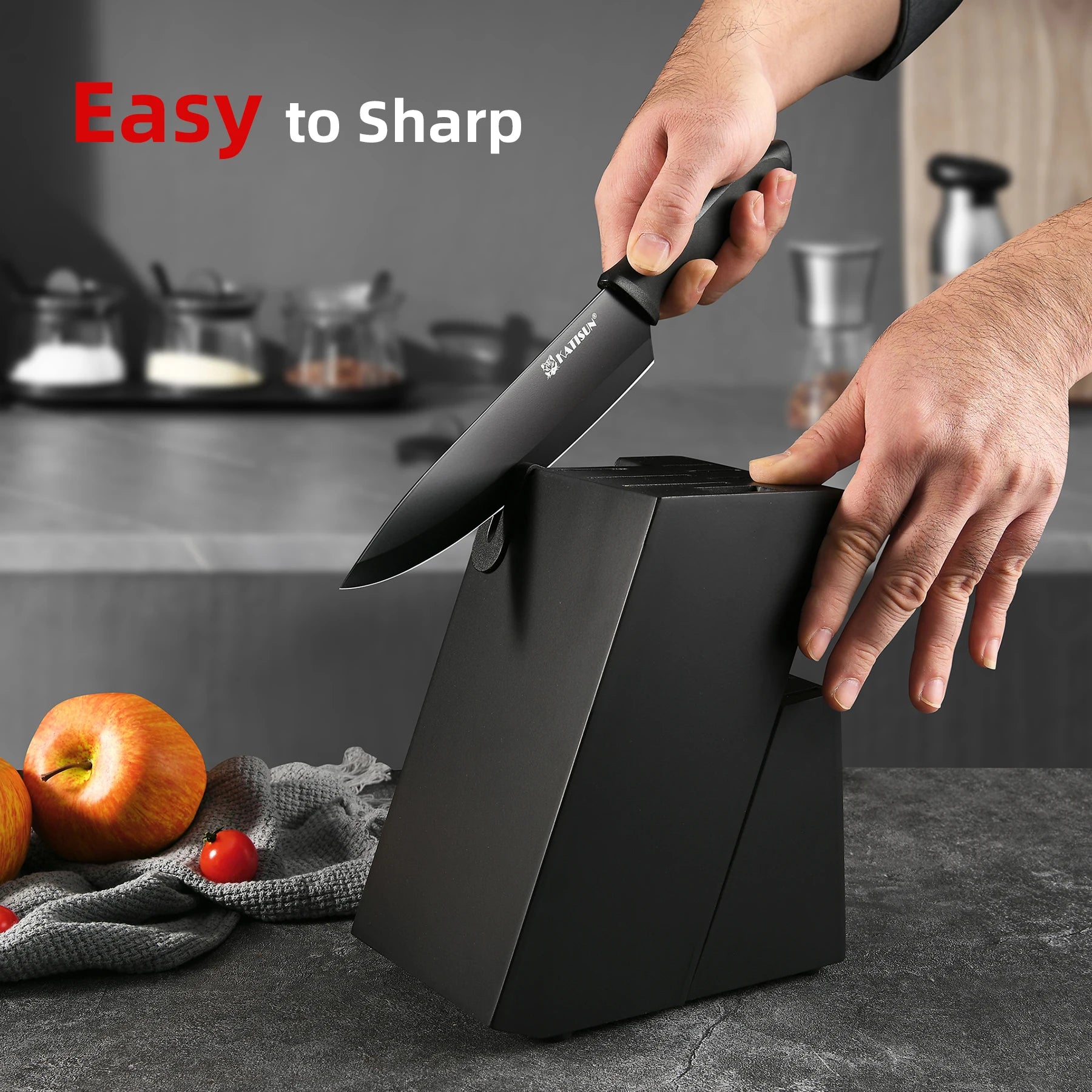 15 Pieces Carbon Steel Kitchen Knife Block Set, Built-in Knife Sharpener, Non-Slip PP+TPR Handles, 6 Steak Knives