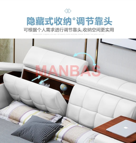 King/Queen Size Multifunctional Smart Tech Bed – Genuine Leather Upholstered Tatami Bed with Massage, Audio System, Storage & LED Lighting