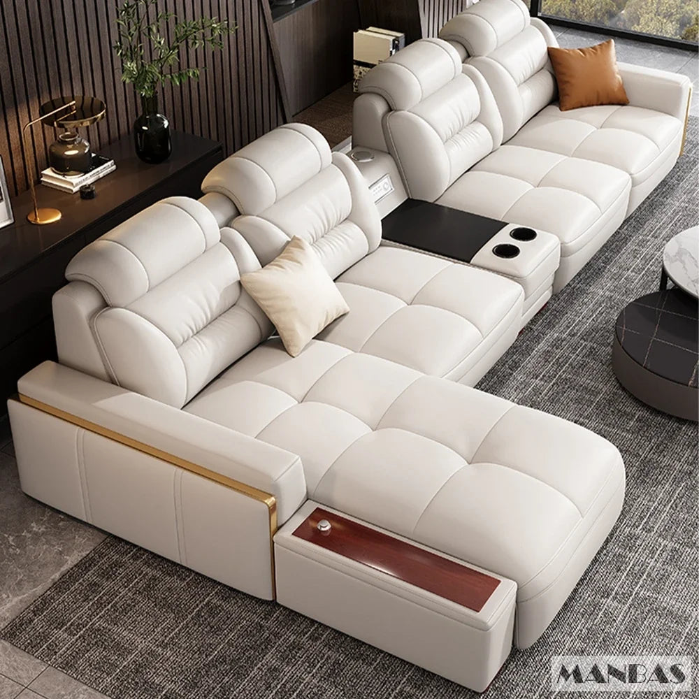 MANBAS Premium Italian Genuine Leather Sectional Sofa Set – Modern Living Room Couch with Adjustable Headrests, USB Charging Ports & Built-In Bluetooth Speaker