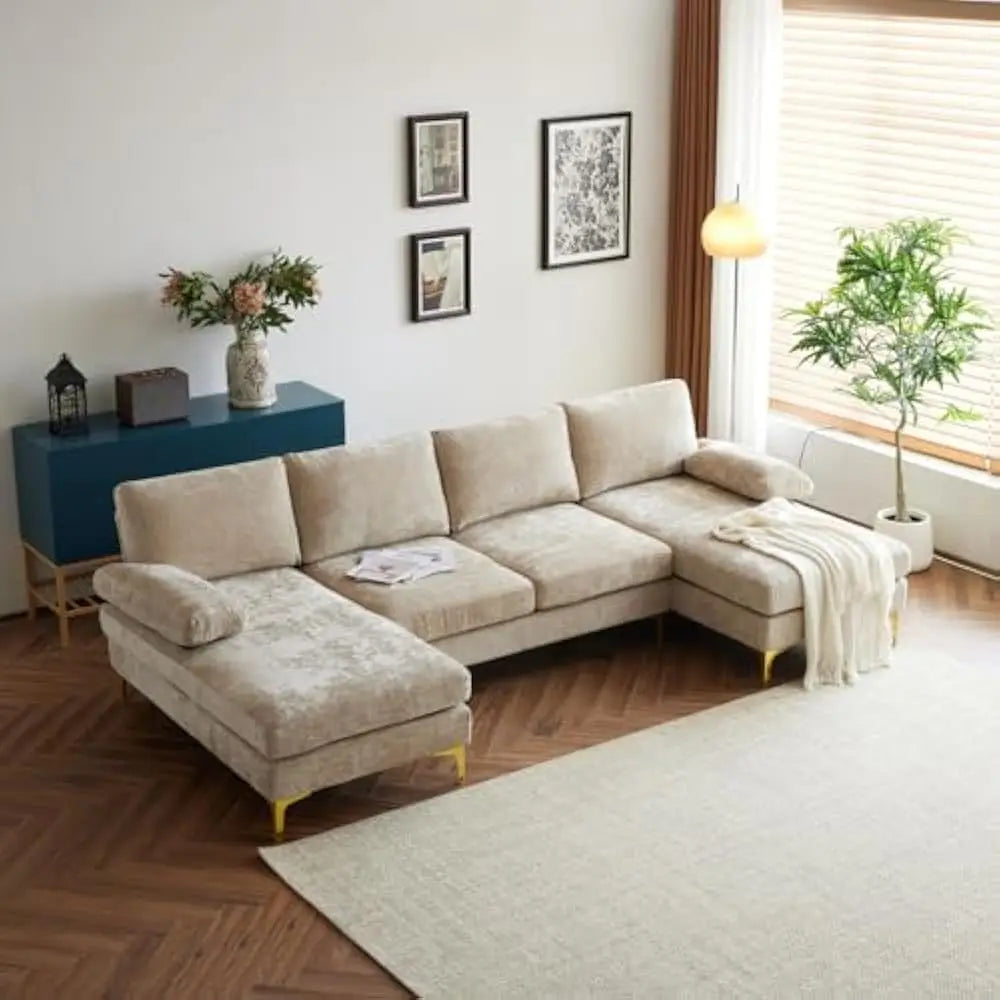 Convertible U-Shape Sectional Sofa 110" – 4-Seat Couch with Chaise, Chenille Upholstered for Living Room