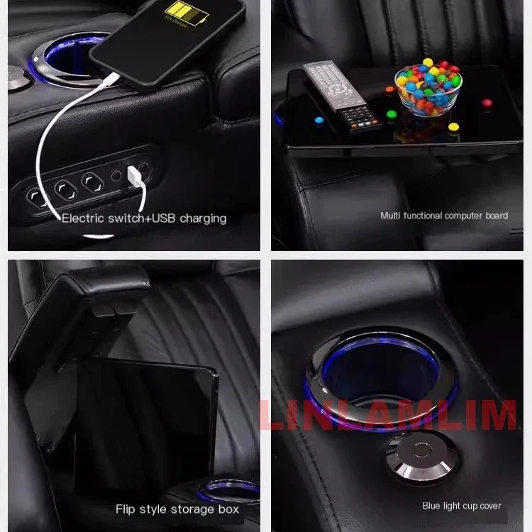 Luxury Dual Motor Power Reclining Sofa – 3-Seat Recliner with LED Lighting, USB Ports, Hidden Storage & Fold-Down Table with Tray