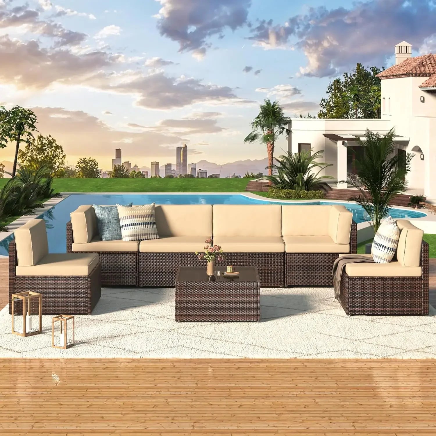 7-Piece Outdoor Patio Furniture Set – Grey PE Rattan Wicker Sectional with Cushions