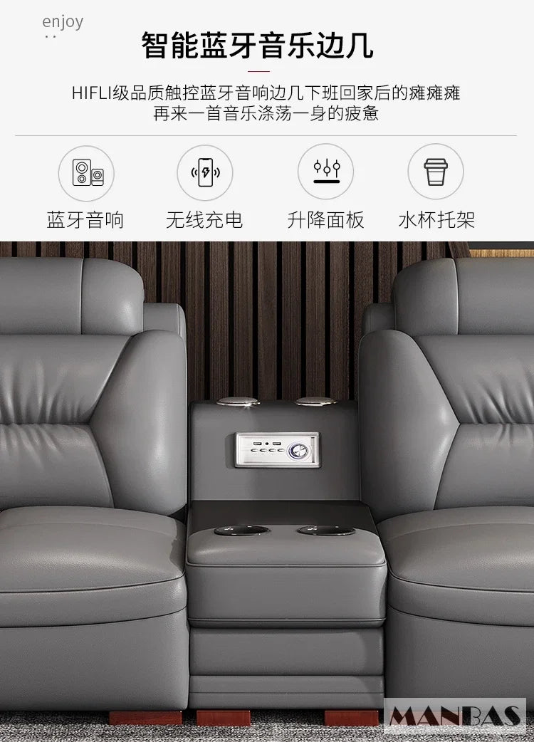 MANBAS Premium Italian Genuine Leather Sectional Sofa Set – Modern Living Room Couch with Adjustable Headrests, USB Charging Ports & Built-In Bluetooth Speaker