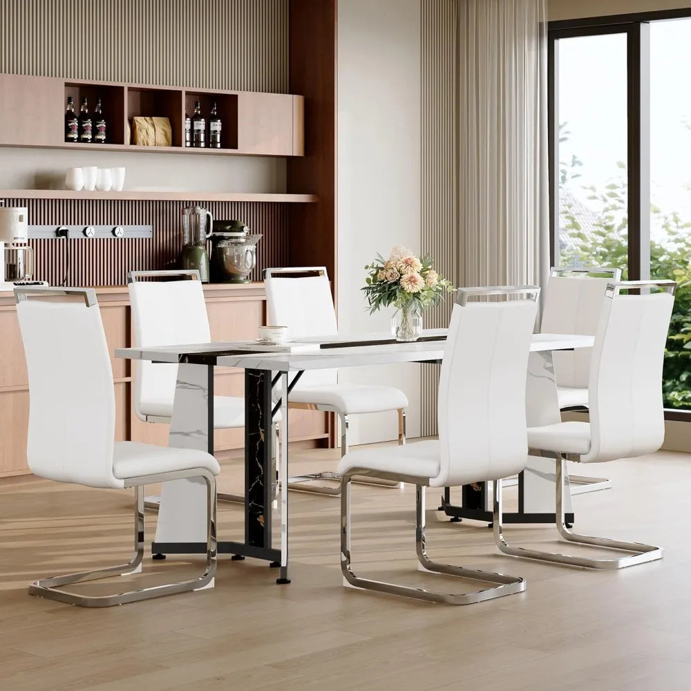 Dining Table Set for 6,White Marble 71'' Dining Room Table with Spacious legroom and White Leather Dining Chairs,Easy Assembley