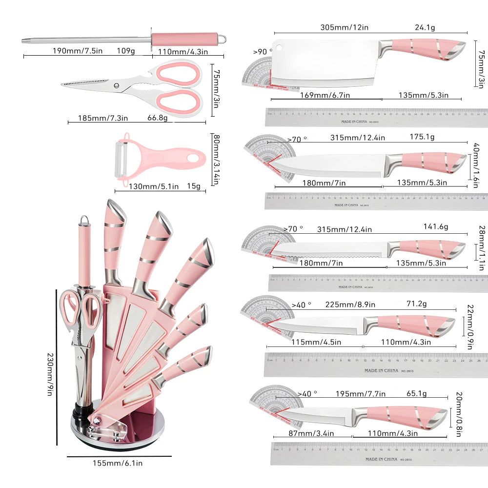 ZENG 9PCS Kitchen Knife Set Stainless Steel Hollow Handle Sharp Meat Cutting Cooking Knife Scissors Bread Knife Fruit Peeler