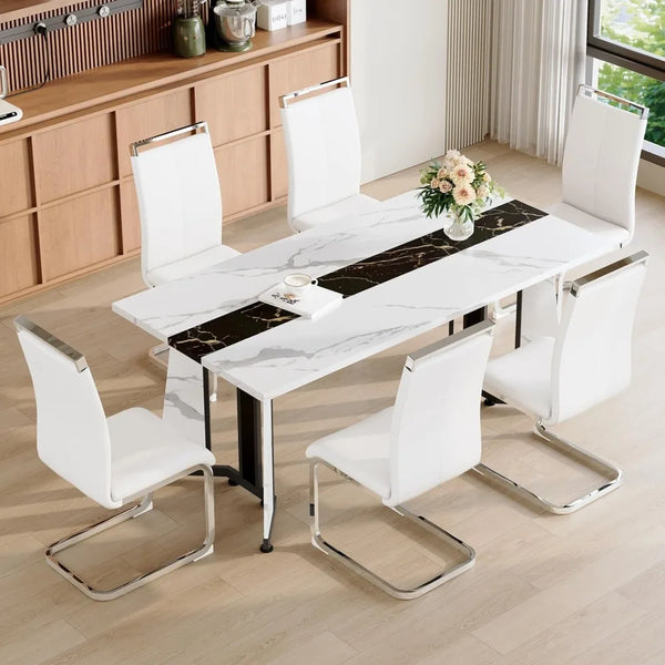 Dining Table Set for 6,White Marble 71'' Dining Room Table with Spacious legroom and White Leather Dining Chairs,Easy Assembley