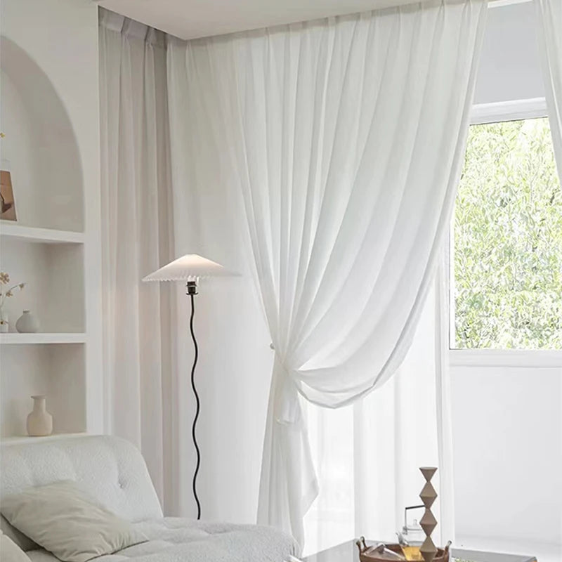 Asazal White Tulle Luxury Chiffon Curtains – High-Quality Thick Yarn Opaque Drapes for Bedroom & Living Room
