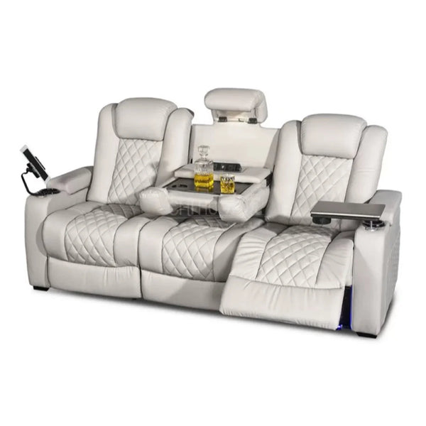 Luxury Dual Motor Power Reclining Sofa – 3-Seat Recliner with LED Lighting, USB Ports, Hidden Storage & Fold-Down Table with Tray