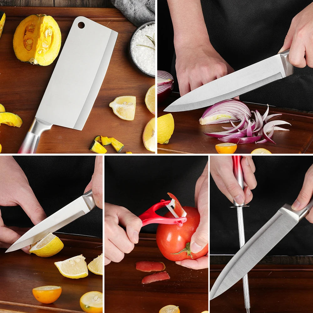 MDHAND 9Pcs Stainless Steel Knife Block Set with Sharpener Cutting Slicing Fruit Meat Cleaver Utility Knife Knives  Accessories