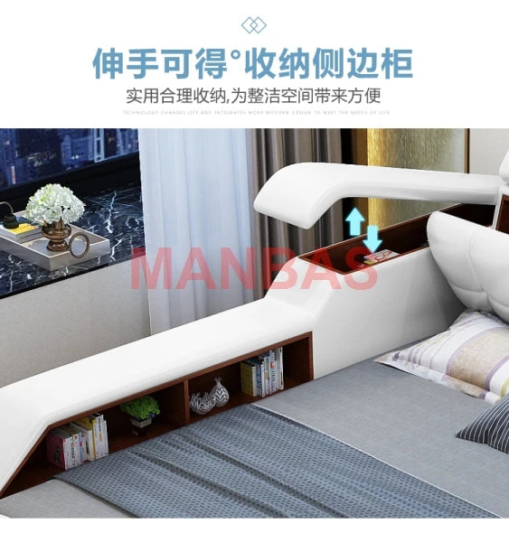 King/Queen Size Multifunctional Smart Tech Bed – Genuine Leather Upholstered Tatami Bed with Massage, Audio System, Storage & LED Lighting