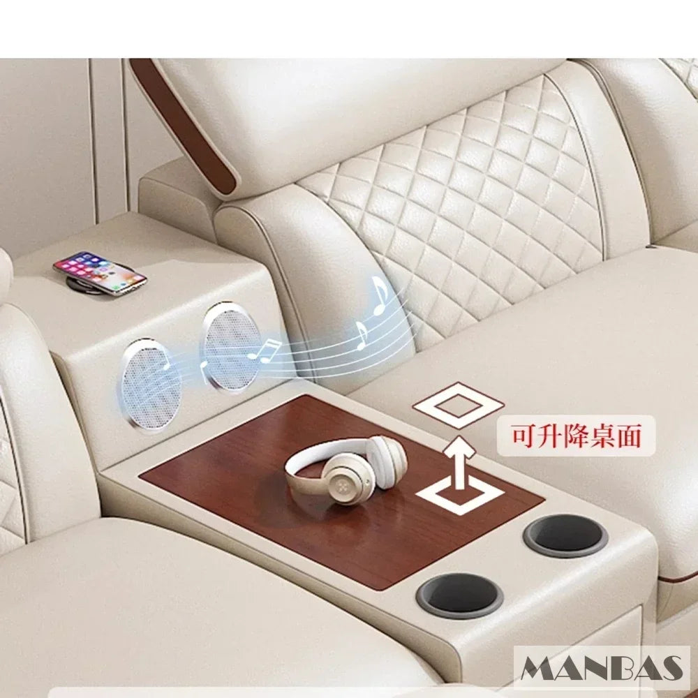 MINGDIBAO Premium Italian Genuine Leather Sofa Set – Adjustable Headrests, Bluetooth Speakers & Wireless Charging
