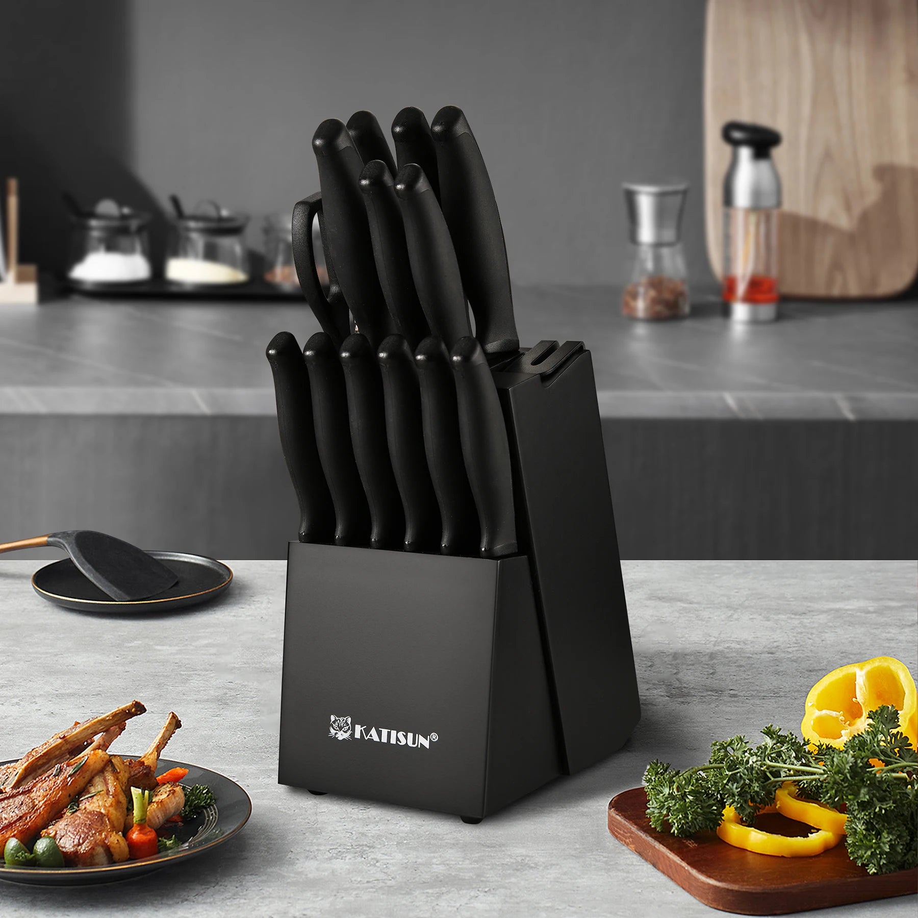 15 Pieces Carbon Steel Kitchen Knife Block Set, Built-in Knife Sharpener, Non-Slip PP+TPR Handles, 6 Steak Knives