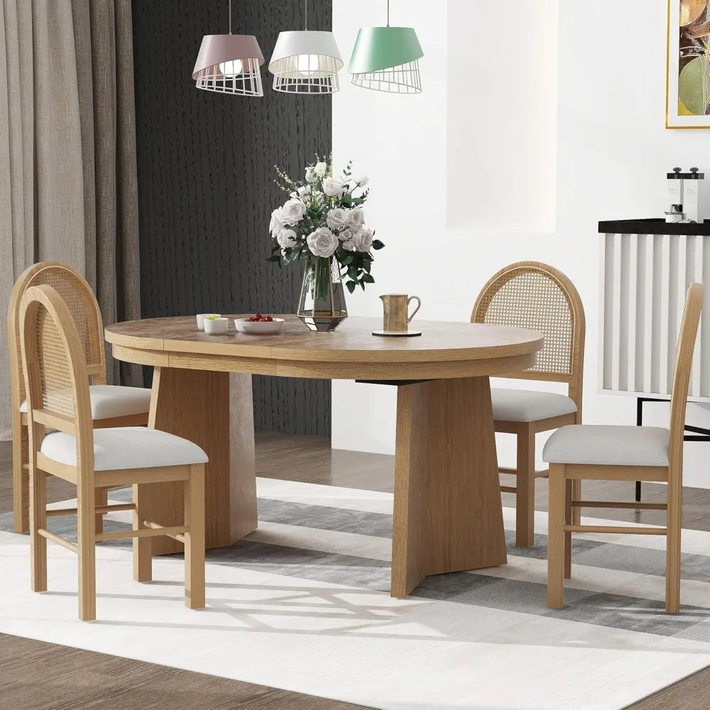 Vintage-Style 5-Piece Dining Set with Extendable Wood Table & 4 Upholstered Rattan-Back Chairs